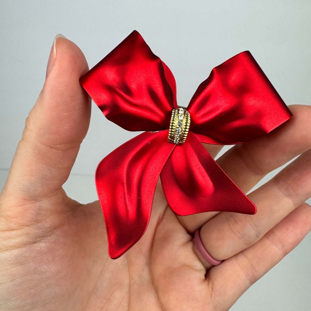 Vtg Metal Red Metallic Ribbon Bow Christmas Holiday Brooch Pin Rhinestones Gold